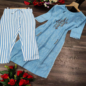 Light Blue  Embroidered Cotton Kurti - Pant Set