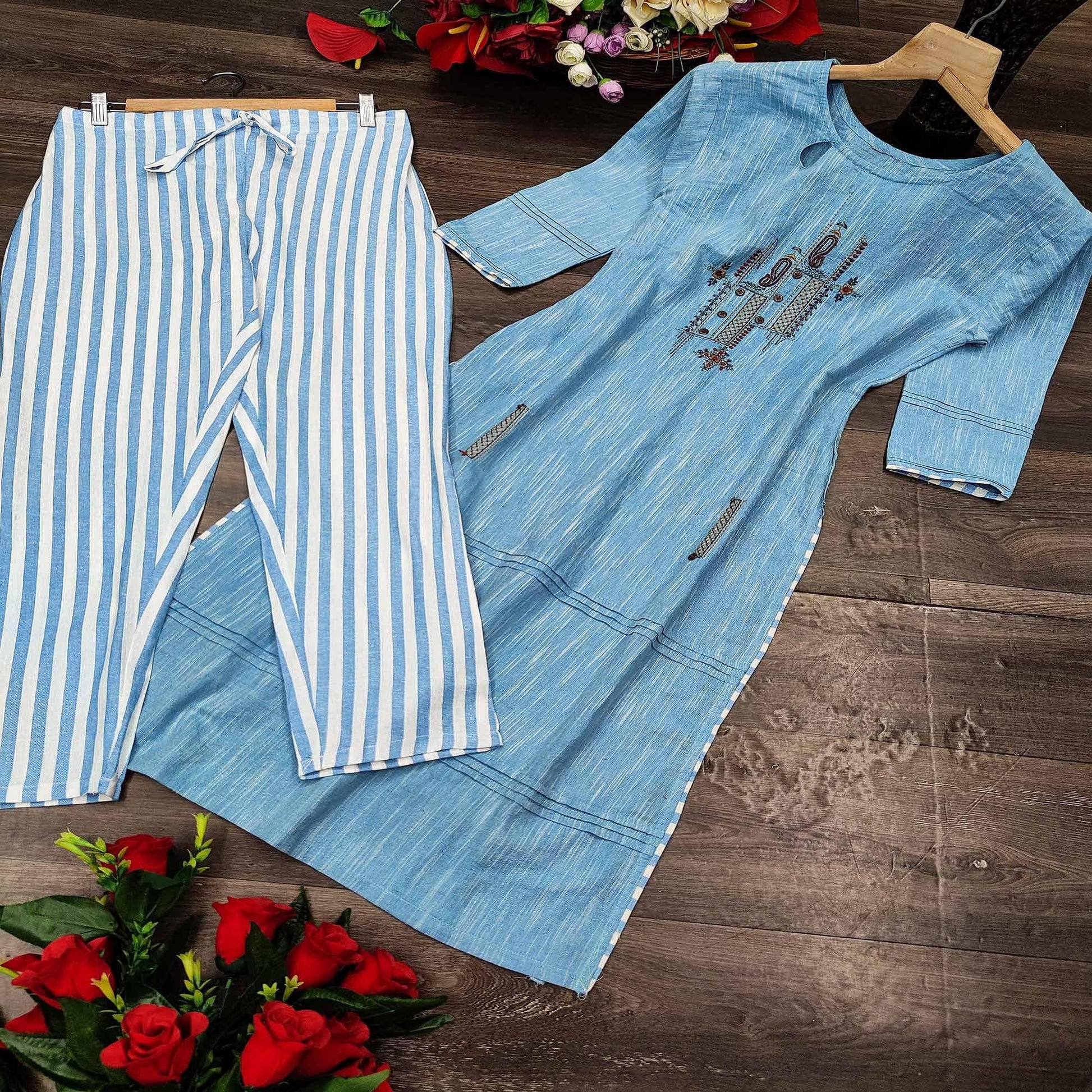 Light Blue  Embroidered Cotton Kurti - Pant Set