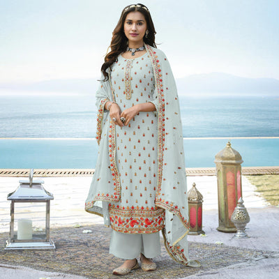 Light Blue Embroidered Georgette Palazzo Suit