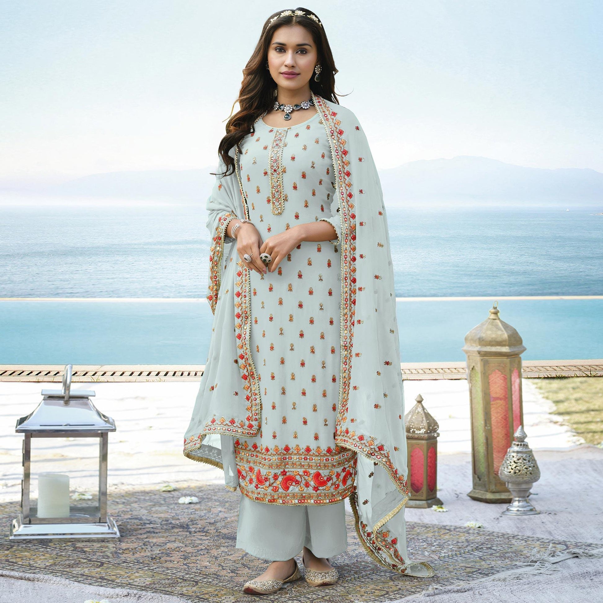 Light Blue Embroidered Georgette Palazzo Suit