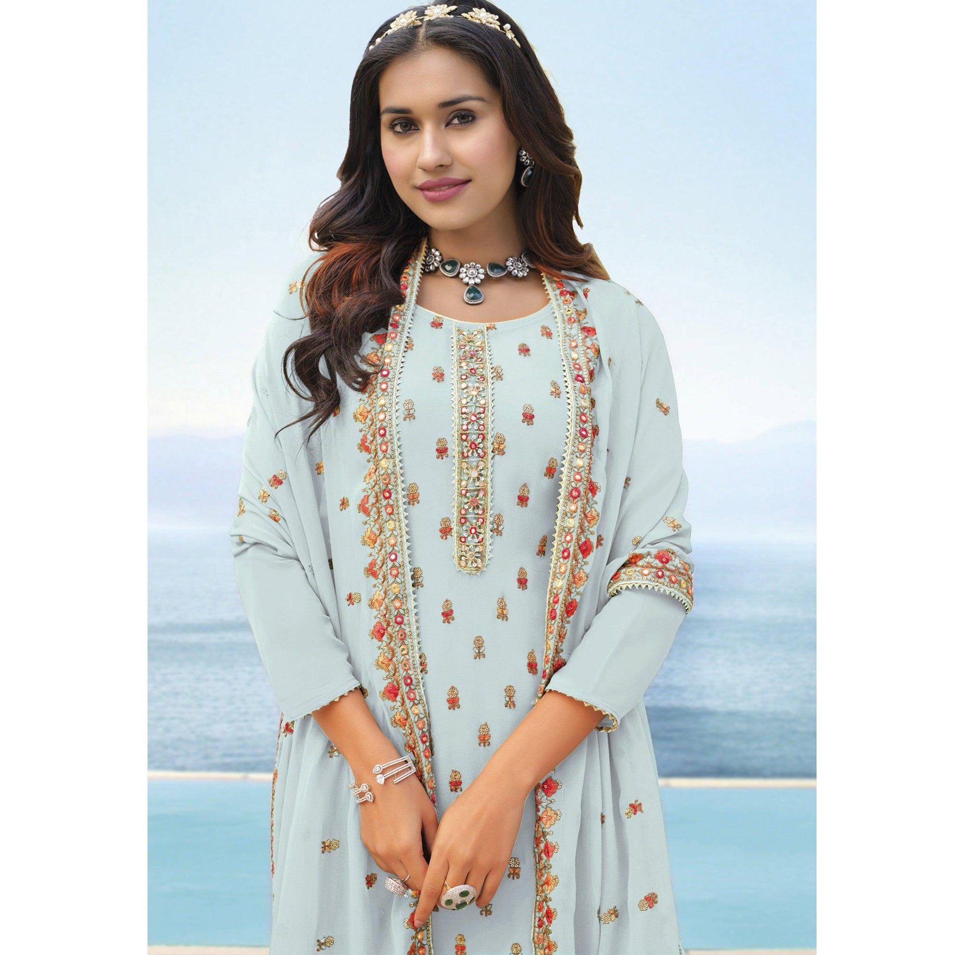 Light Blue Embroidered Georgette Palazzo Suit