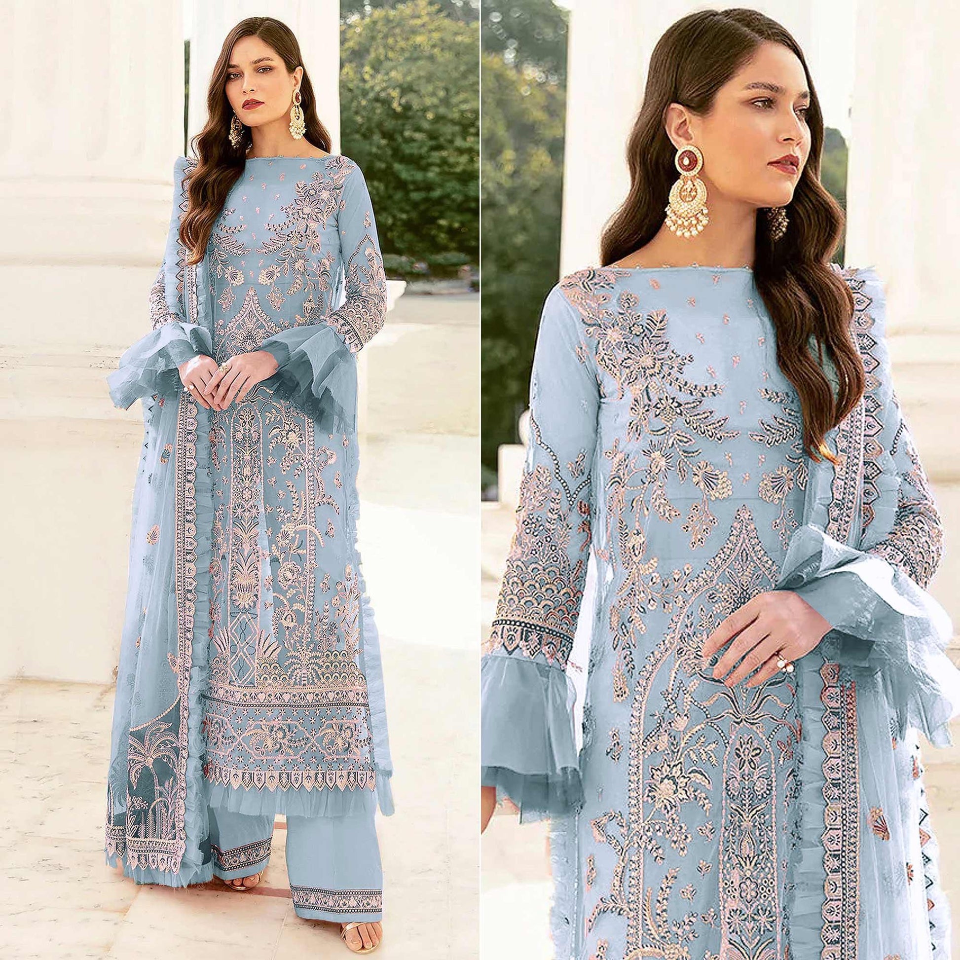Light Blue Embroidered Netted Pakistani Suit