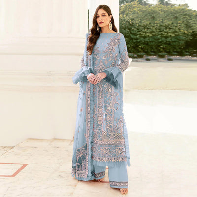 Light Blue Embroidered Netted Pakistani Suit