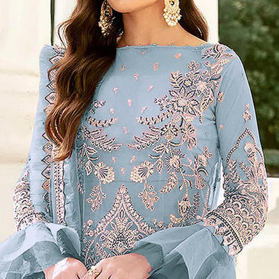 Light Blue Embroidered Netted Pakistani Suit