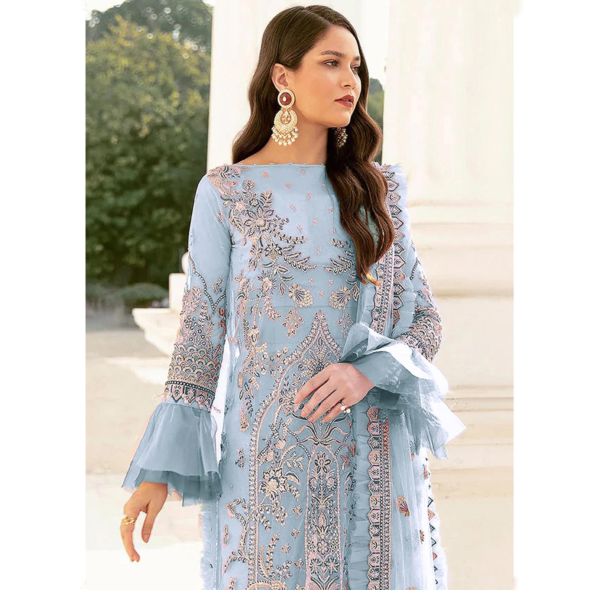 Light Blue Embroidered Netted Pakistani Suit