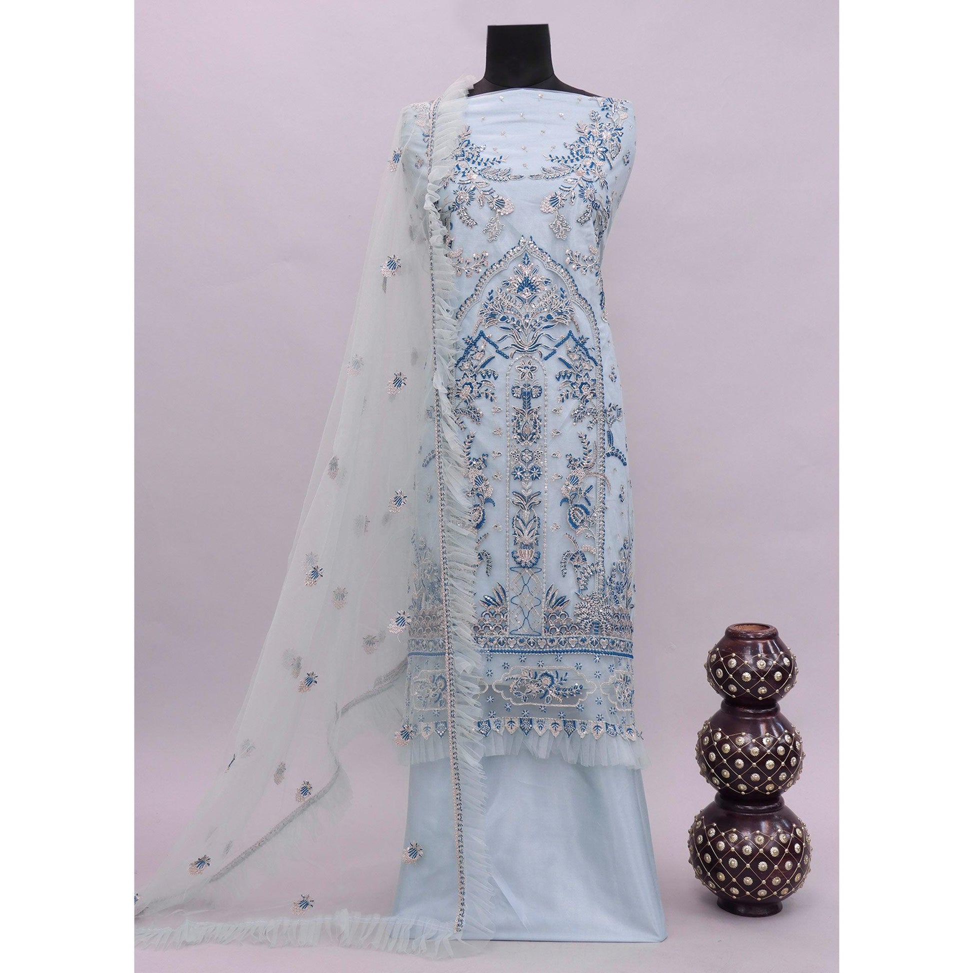 Light Blue Embroidered Netted Pakistani Suit