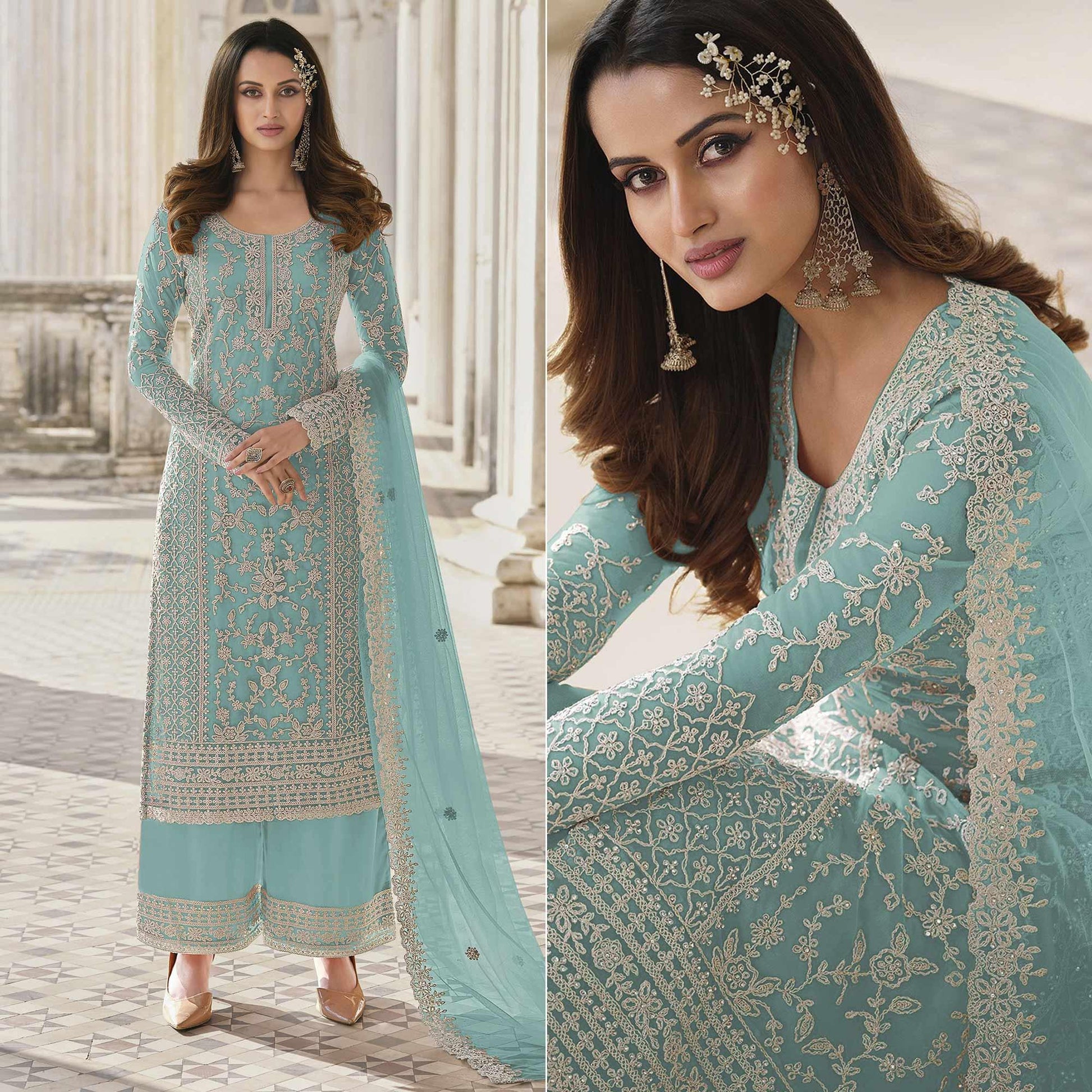 Light Blue Embroidered Netted Pakistani Suit