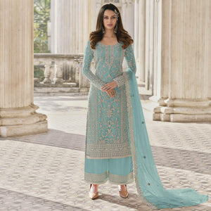 Light Blue Embroidered Netted Pakistani Suit