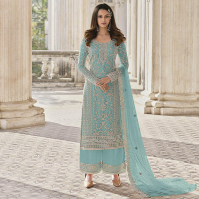 Light Blue Embroidered Netted Pakistani Suit