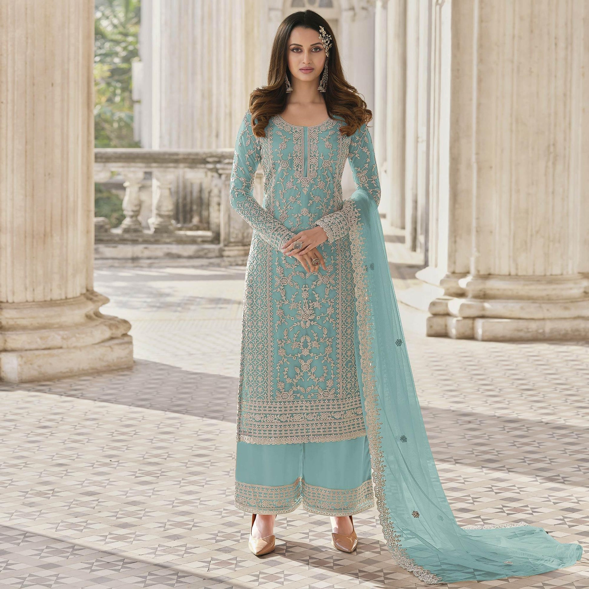 Light Blue Embroidered Netted Pakistani Suit
