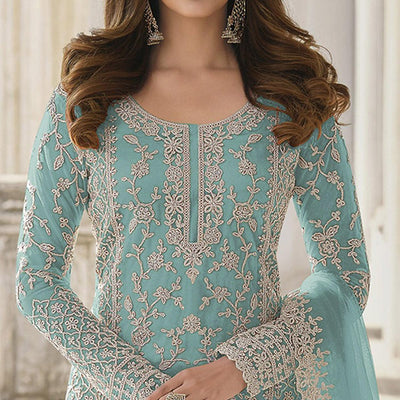 Light Blue Embroidered Netted Pakistani Suit