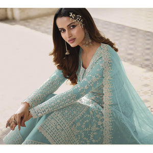 Light Blue Embroidered Netted Pakistani Suit