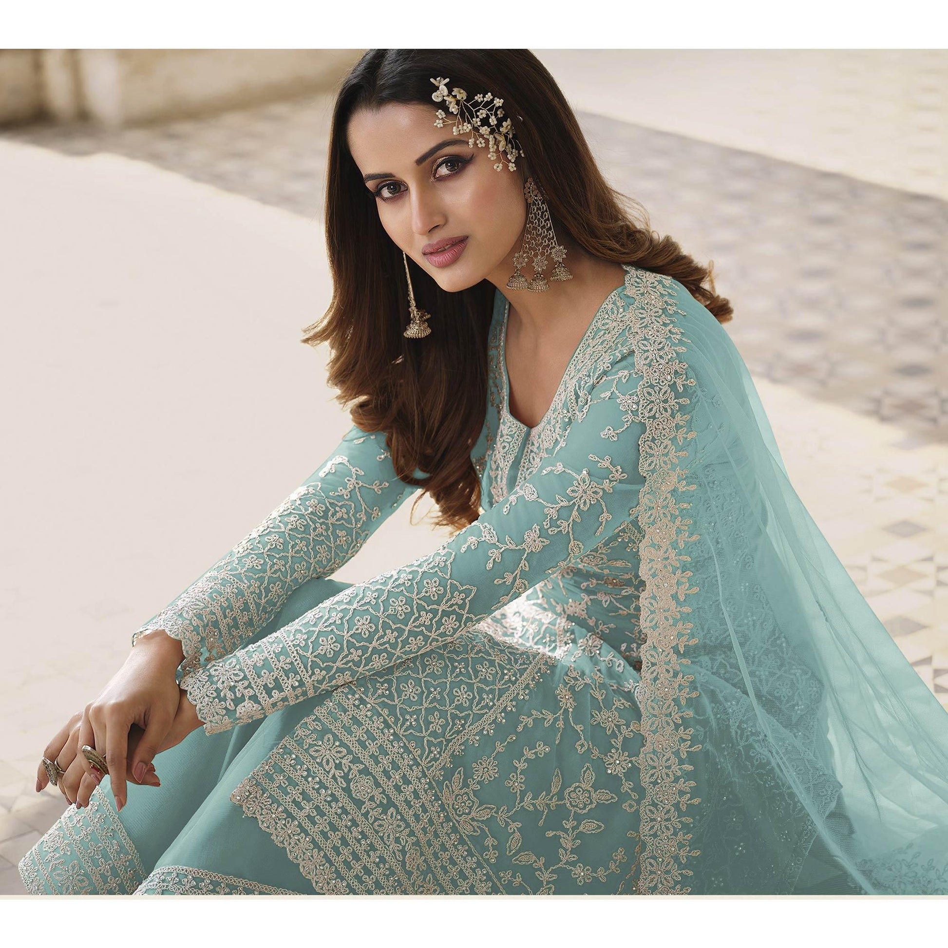 Light Blue Embroidered Netted Pakistani Suit