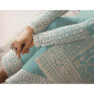 Light Blue Embroidered Netted Pakistani Suit