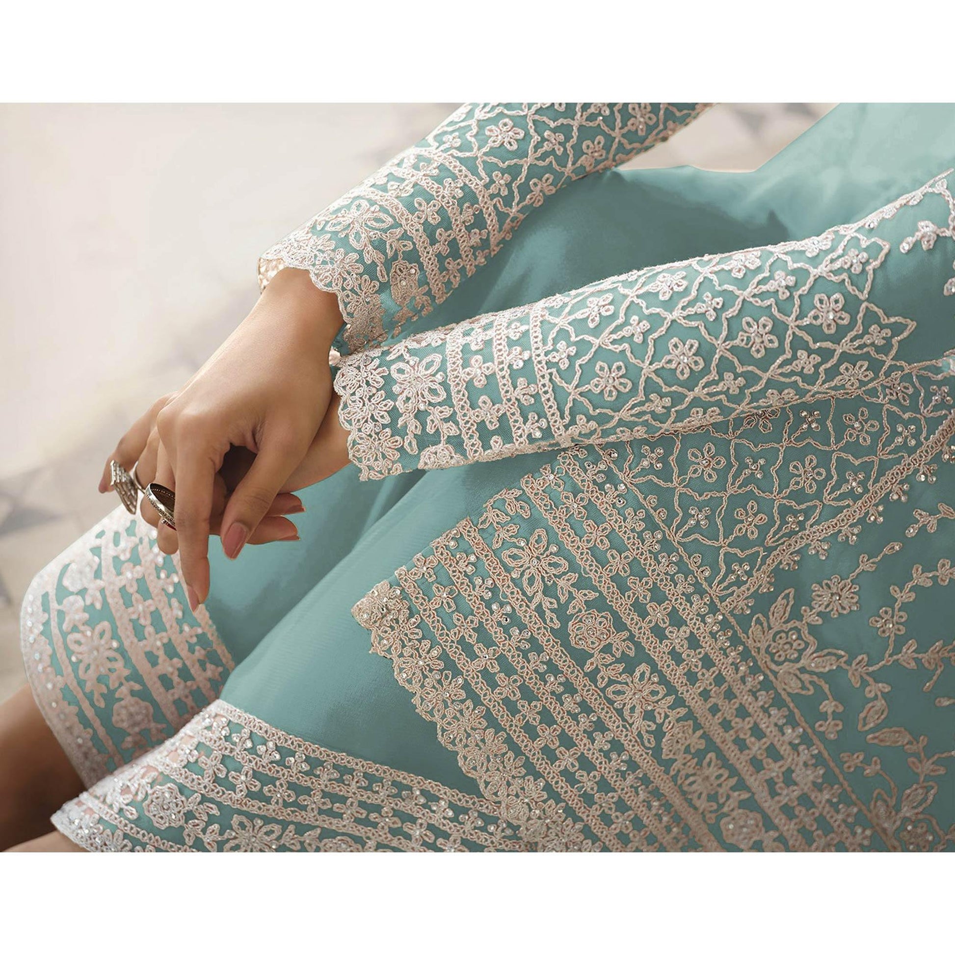 Light Blue Embroidered Netted Pakistani Suit