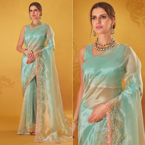 Light Blue Embroidered Organza Saree
