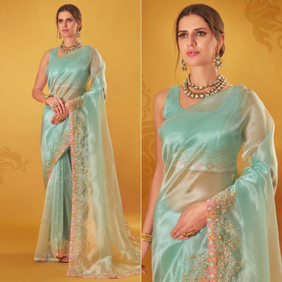 Light Blue Embroidered Organza Saree
