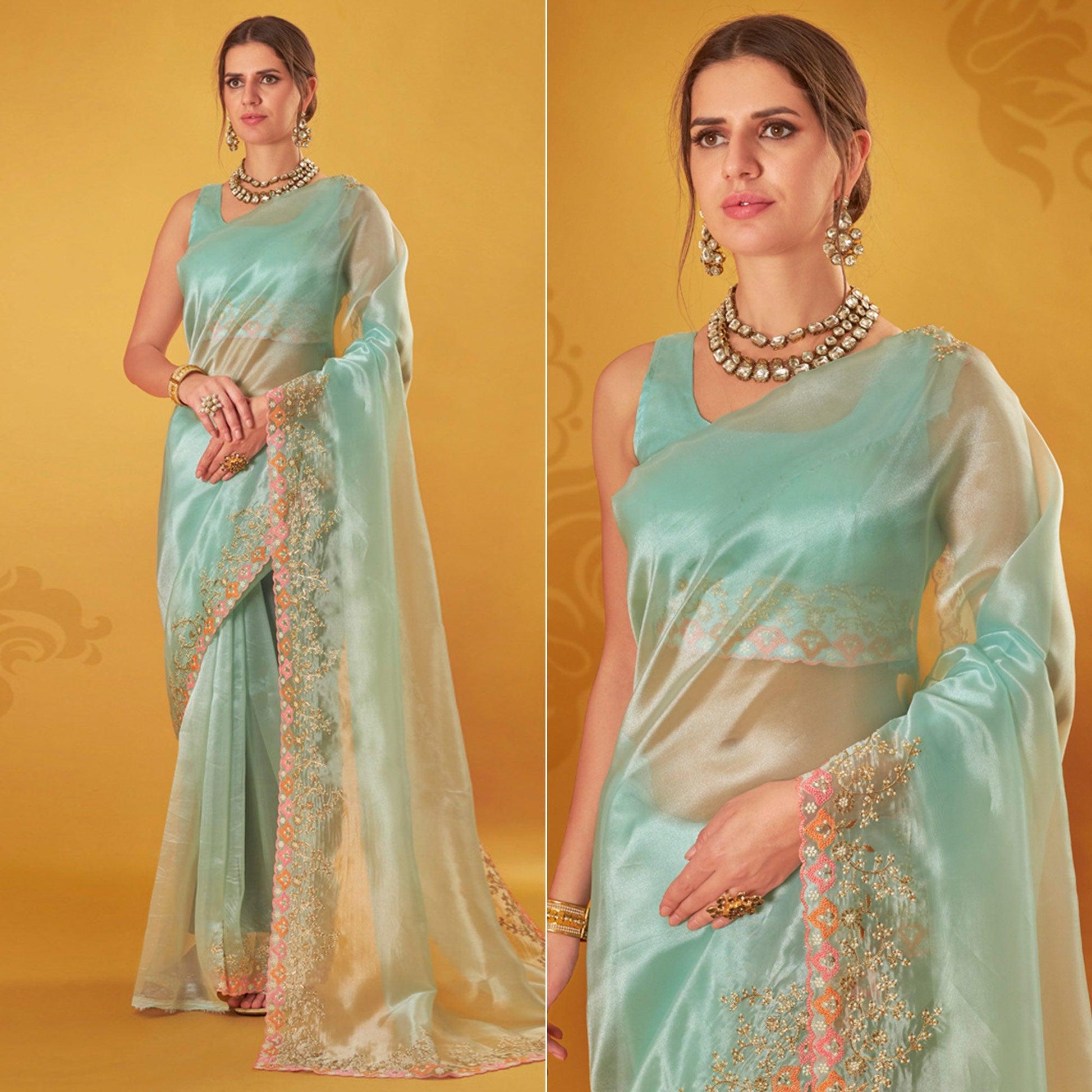 Light Blue Embroidered Organza Saree