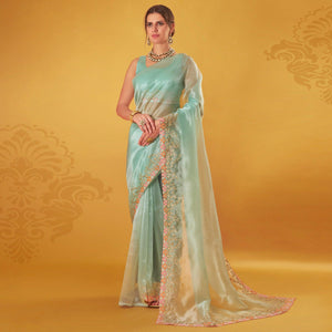 Light Blue Embroidered Organza Saree