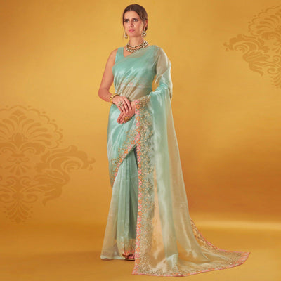 Light Blue Embroidered Organza Saree