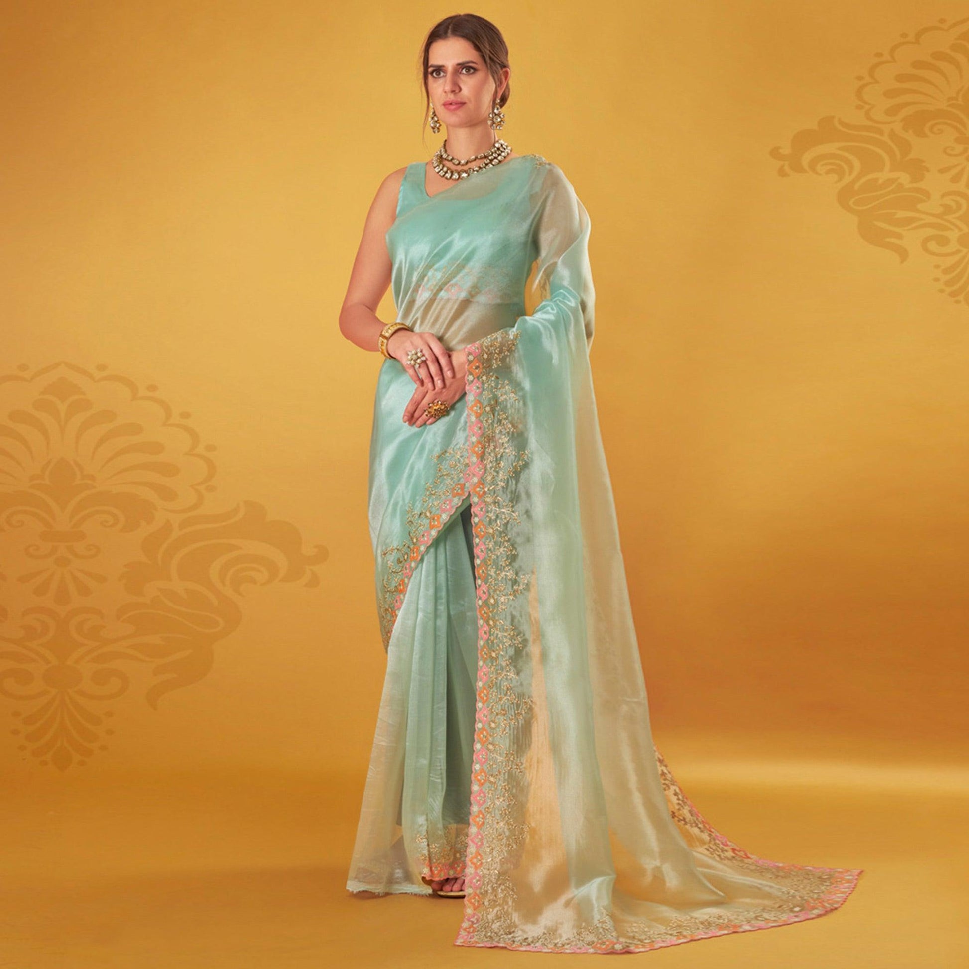 Light Blue Embroidered Organza Saree