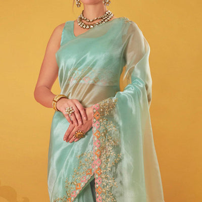 Light Blue Embroidered Organza Saree