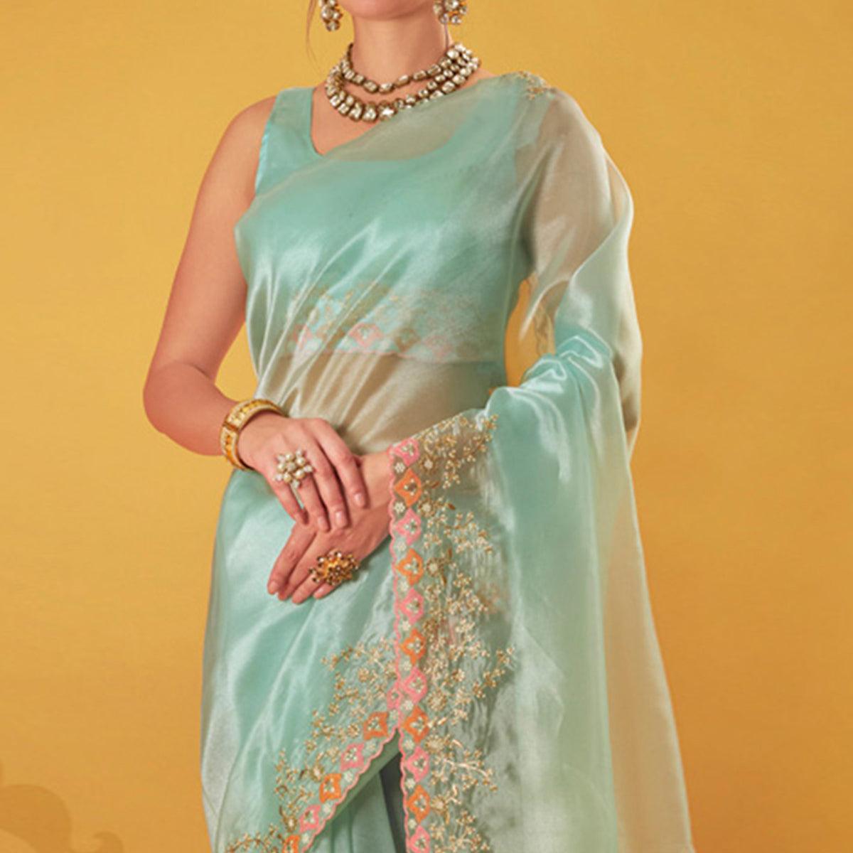 Light Blue Embroidered Organza Saree