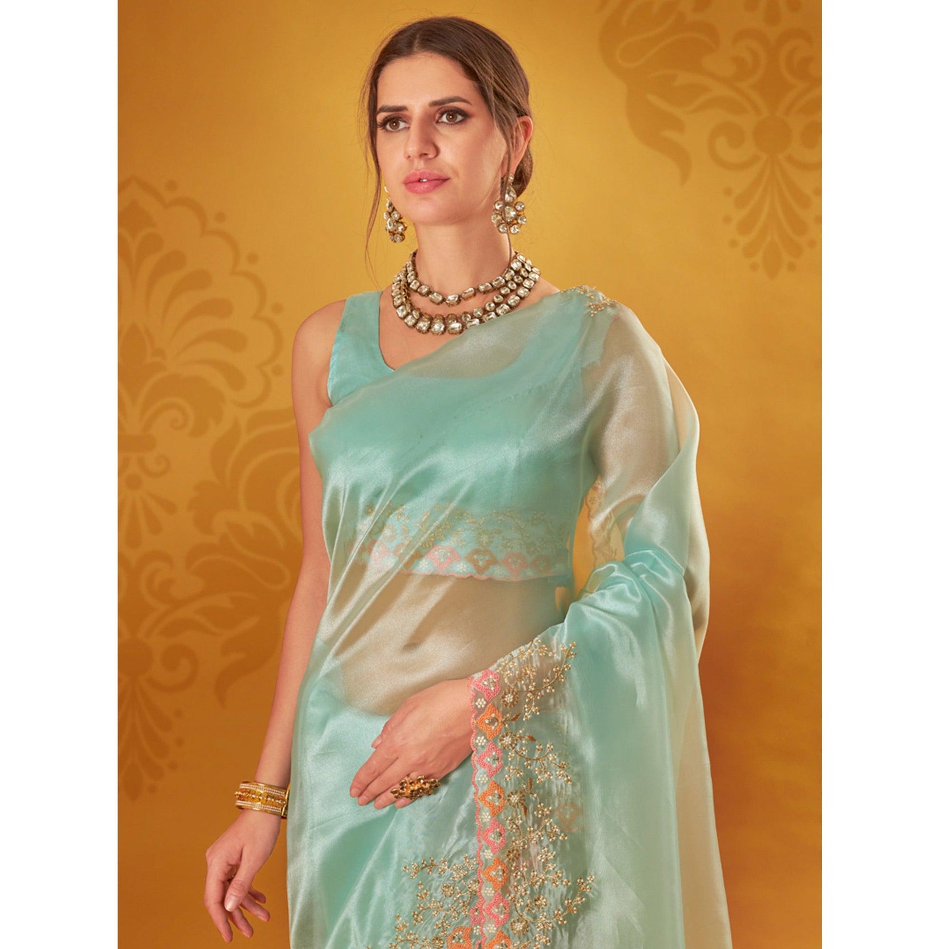 Light Blue Embroidered Organza Saree
