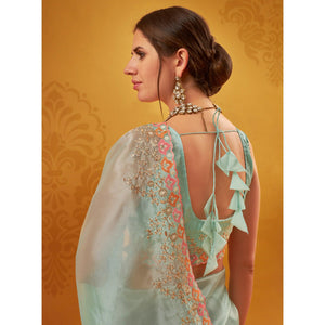 Light Blue Embroidered Organza Saree