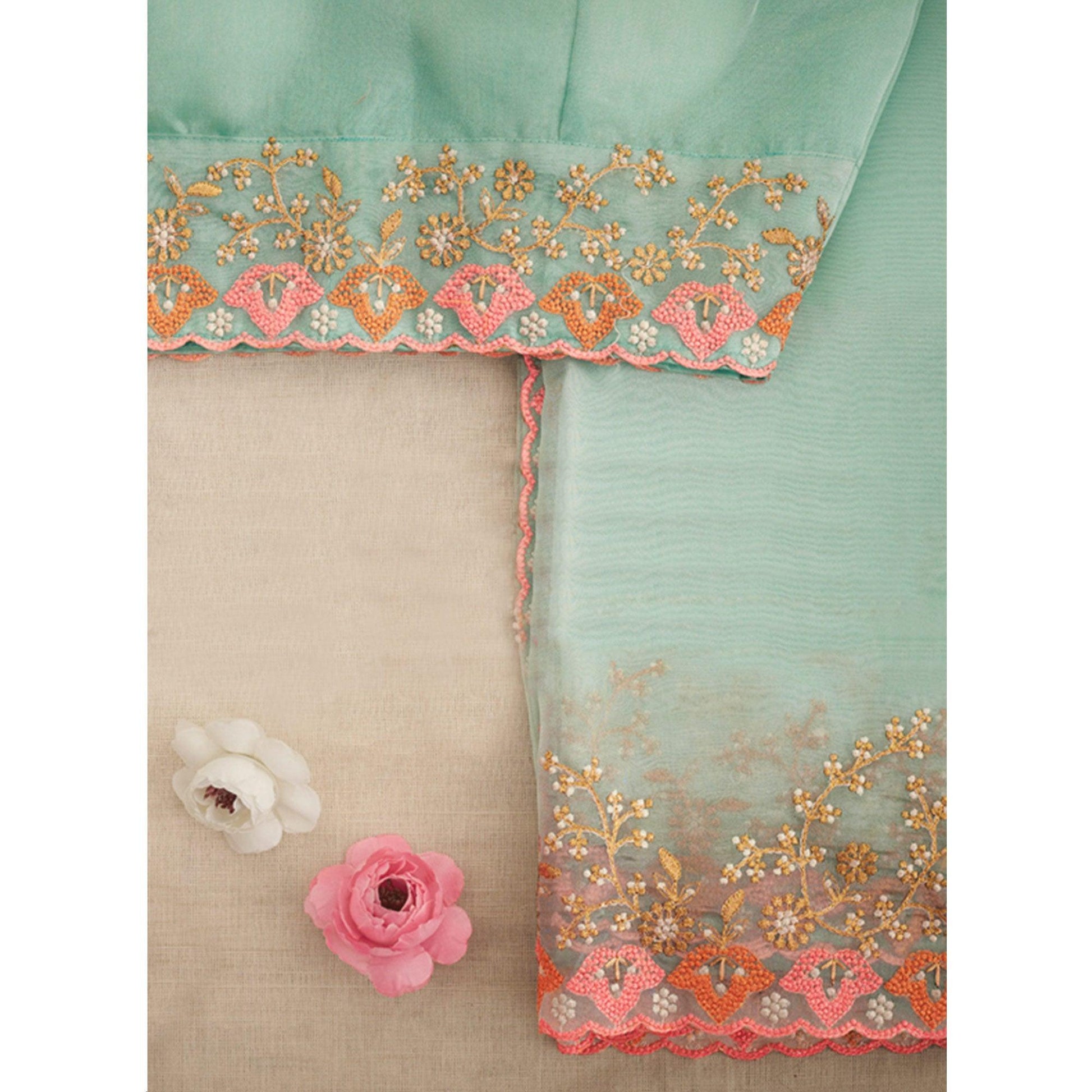 Light Blue Embroidered Organza Saree