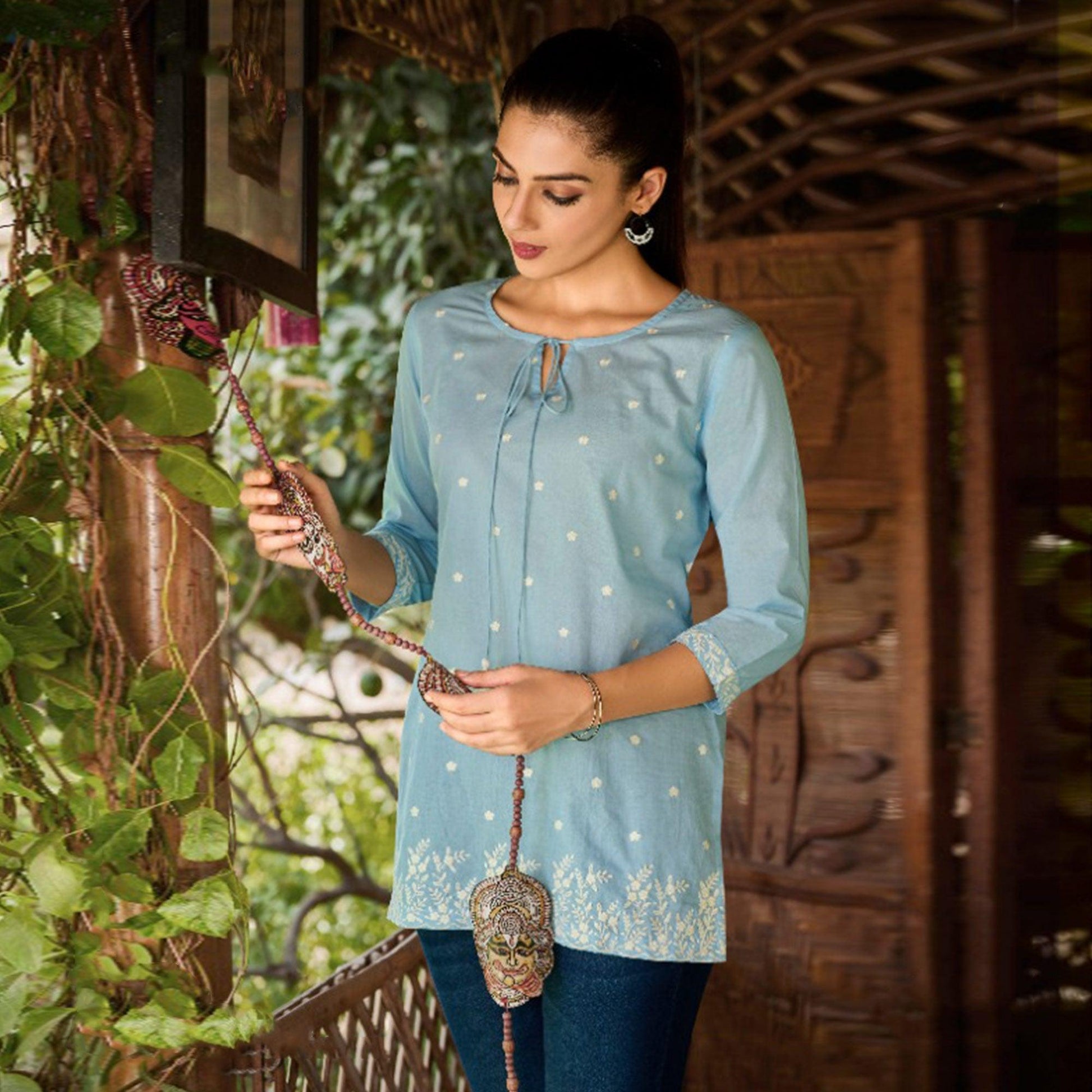 Light Blue Embroidered Pure Cotton Top