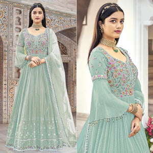 Light Blue Embroidered With Embellished Georgette Anarkali Style Gown