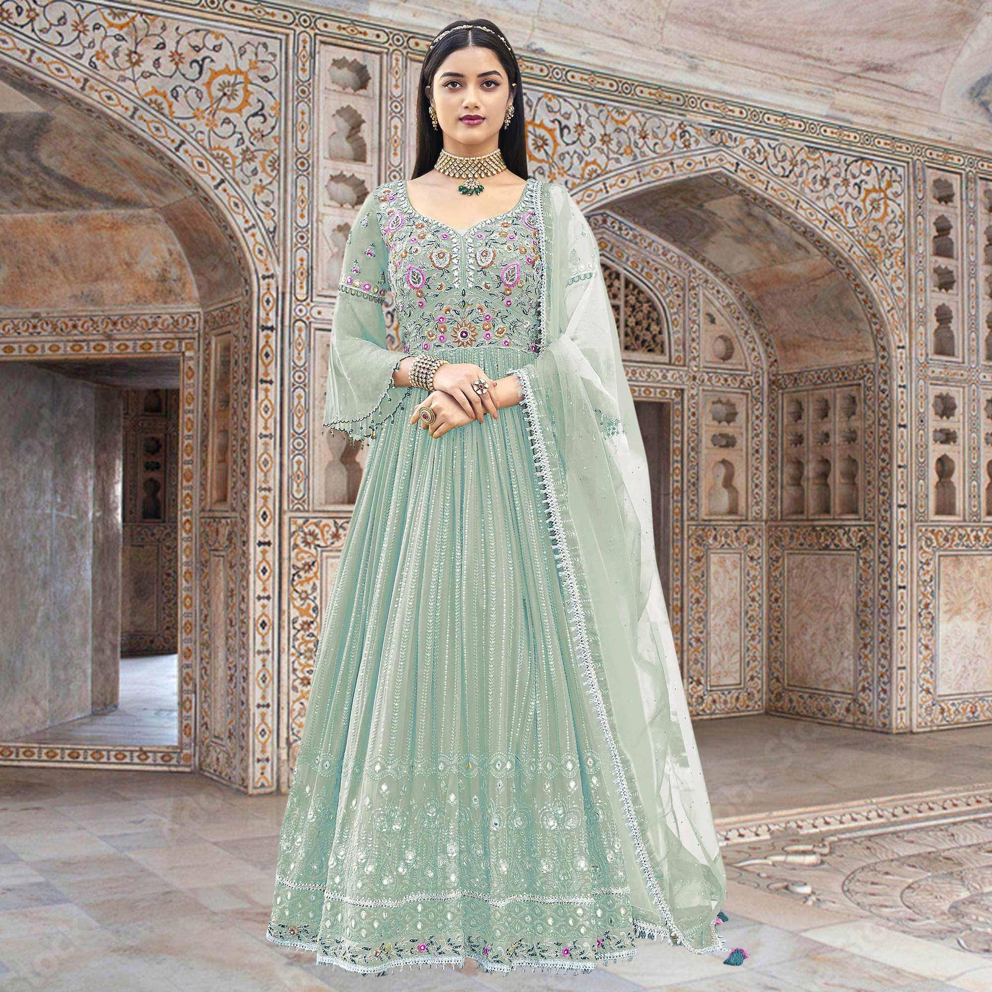 Light Blue Embroidered With Embellished Georgette Anarkali Style Gown