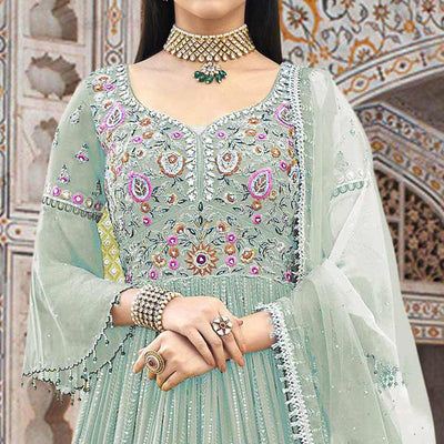 Light Blue Embroidered With Embellished Georgette Anarkali Style Gown