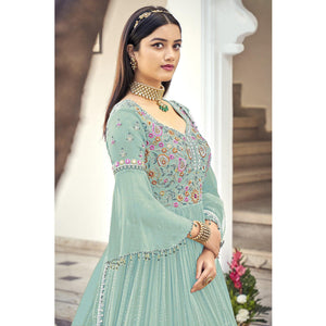Light Blue Embroidered With Embellished Georgette Anarkali Style Gown