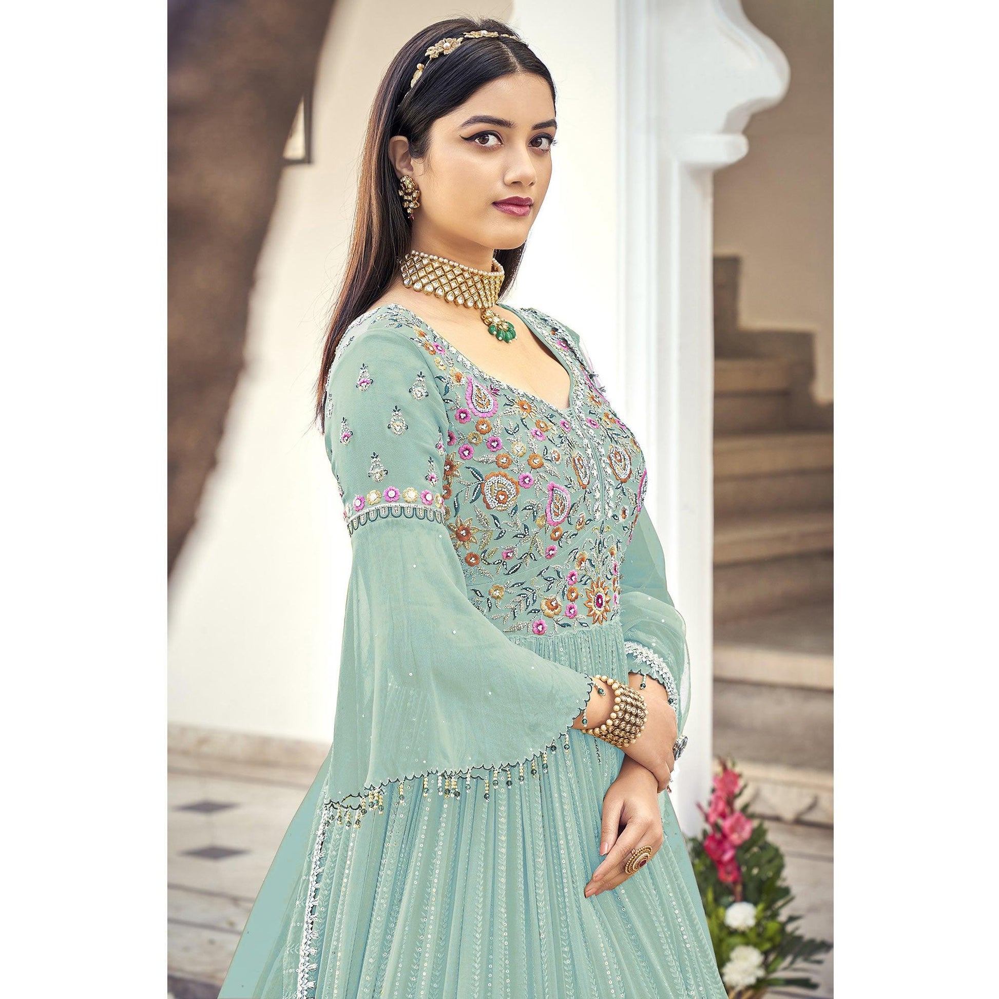 Light Blue Embroidered With Embellished Georgette Anarkali Style Gown
