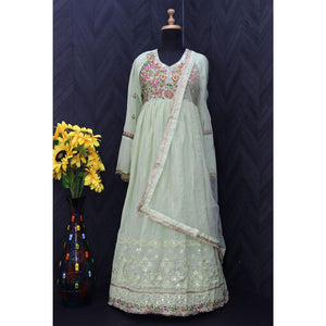 Light Blue Embroidered With Embellished Georgette Anarkali Style Gown