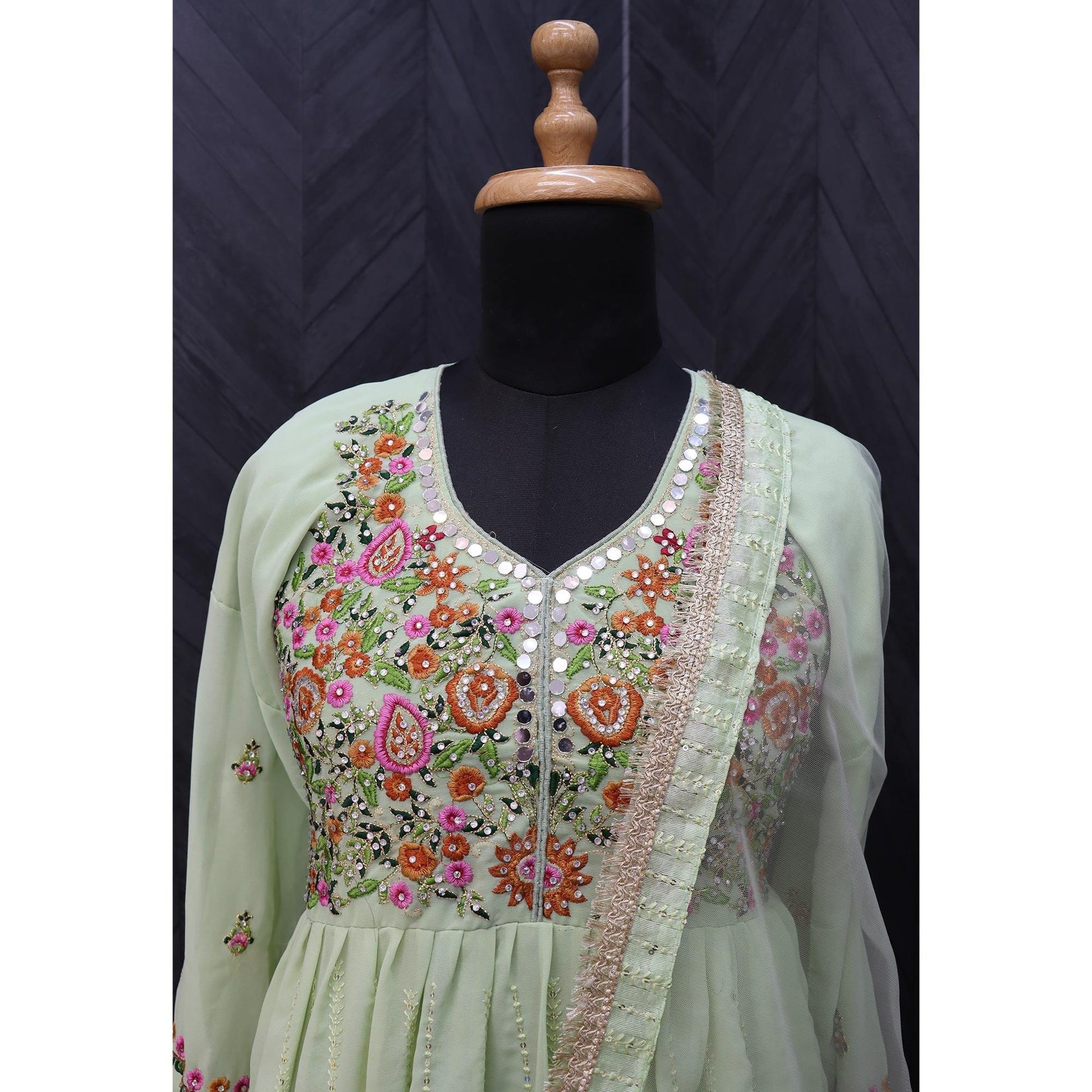 Light Blue Embroidered With Embellished Georgette Anarkali Style Gown