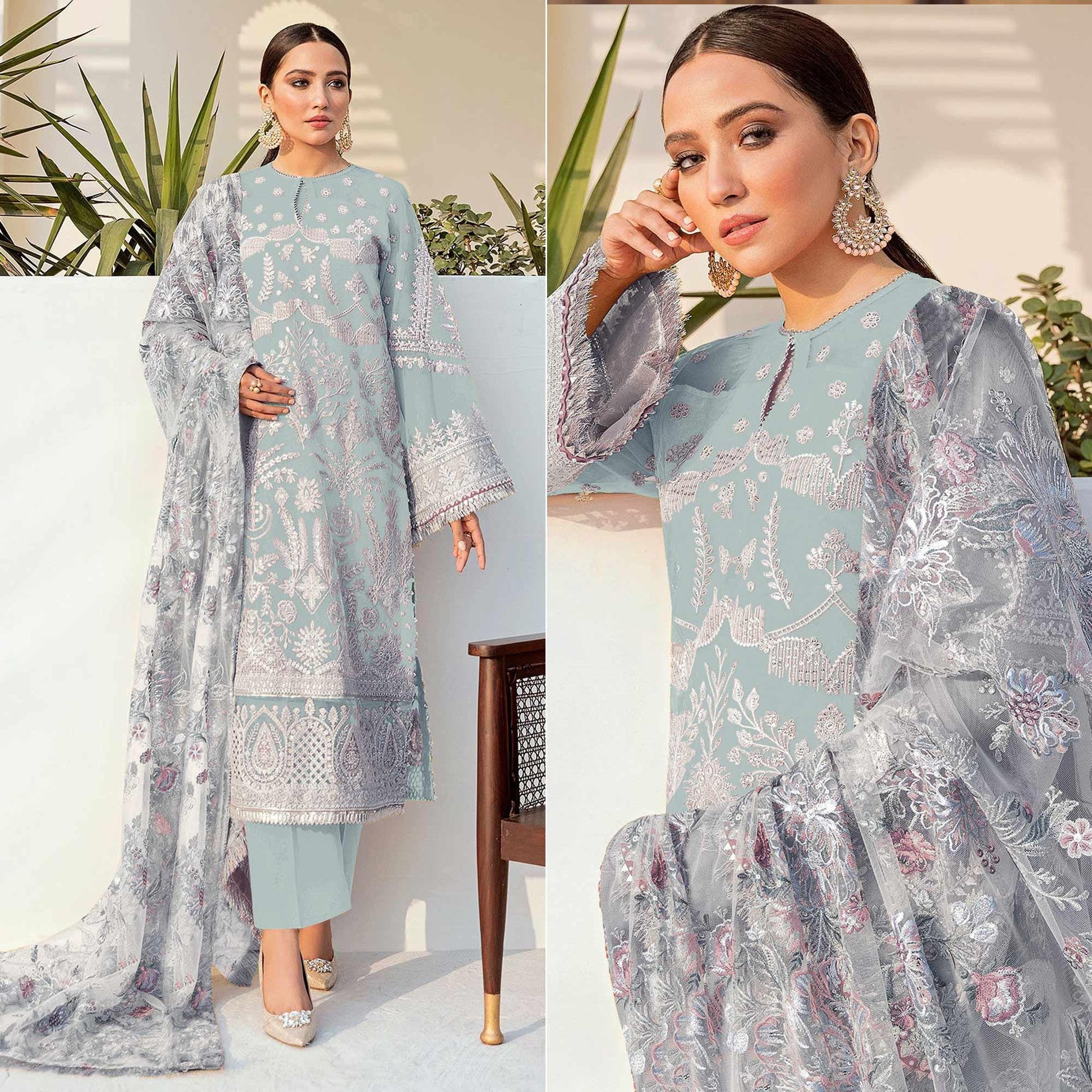 Light Blue Embroidered With Embellished Georgette Pakistani Suit
