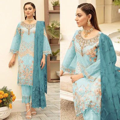 Light Blue Embroidered With Embellished Georgette Pakistani Suit