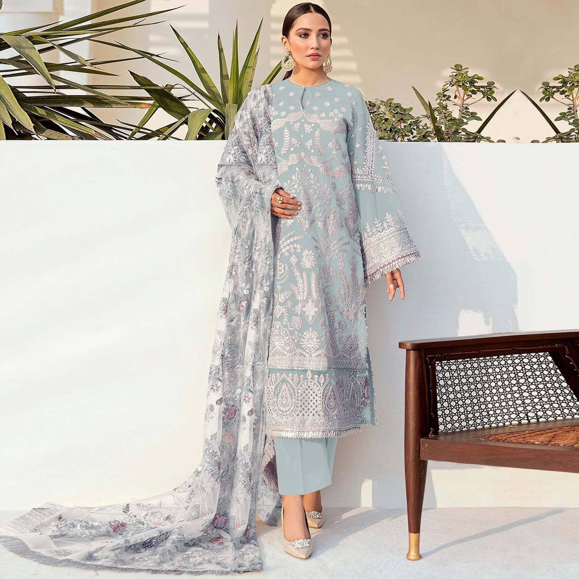 Light Blue Embroidered With Embellished Georgette Pakistani Suit