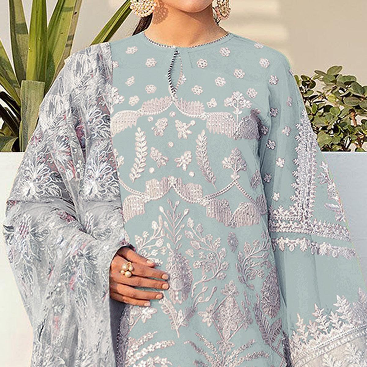 Light Blue Embroidered With Embellished Georgette Pakistani Suit