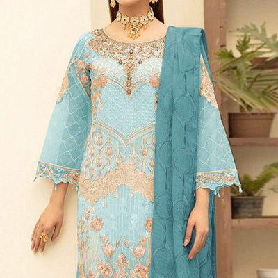 Light Blue Embroidered With Embellished Georgette Pakistani Suit