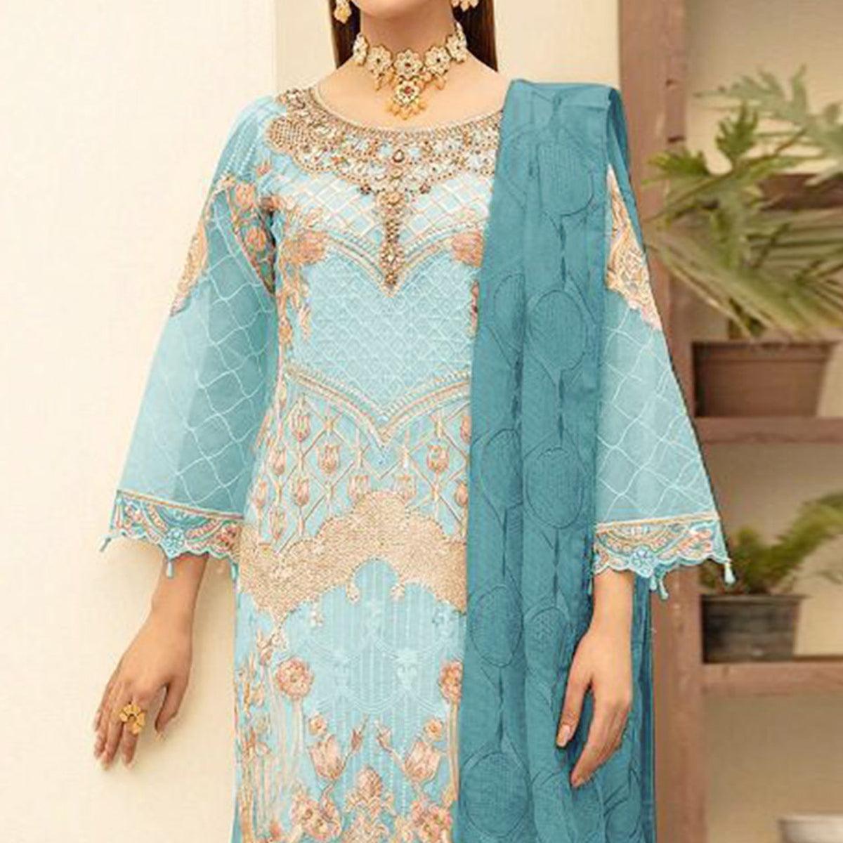 Light Blue Embroidered With Embellished Georgette Pakistani Suit