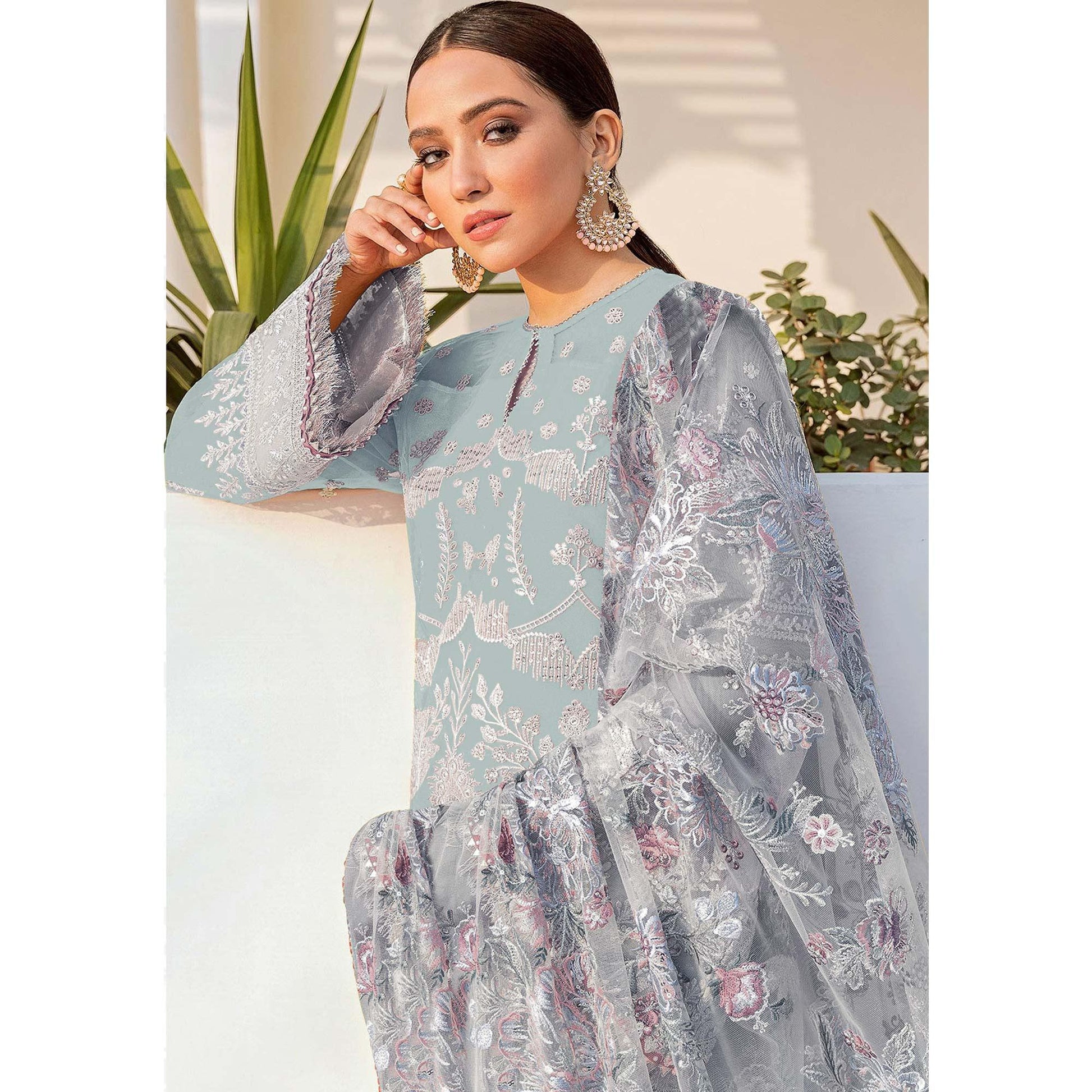 Light Blue Embroidered With Embellished Georgette Pakistani Suit