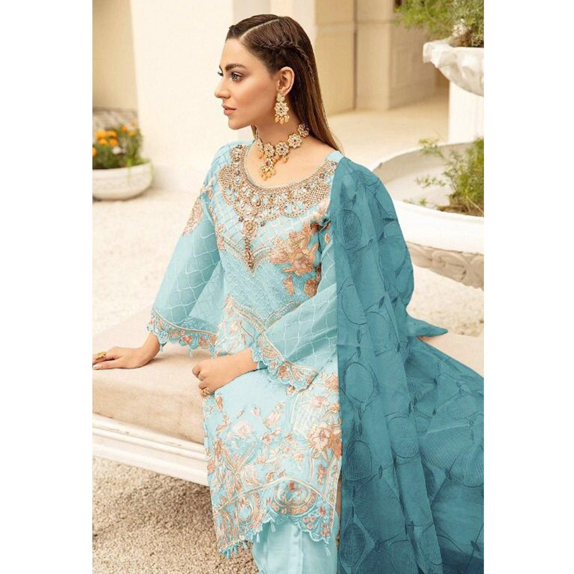 Light Blue Embroidered With Embellished Georgette Pakistani Suit