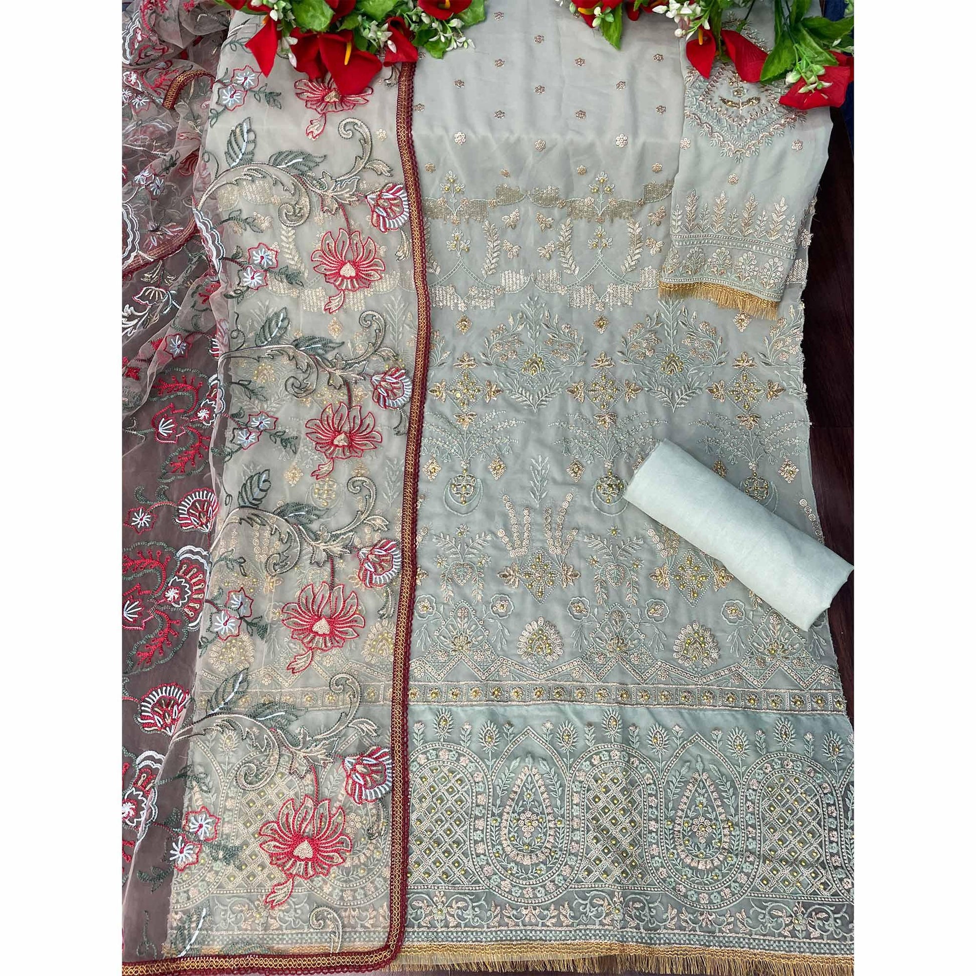 Light Blue Embroidered With Embellished Georgette Pakistani Suit