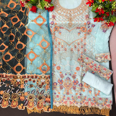 Light Blue Embroidered With Embellished Georgette Pakistani Suit