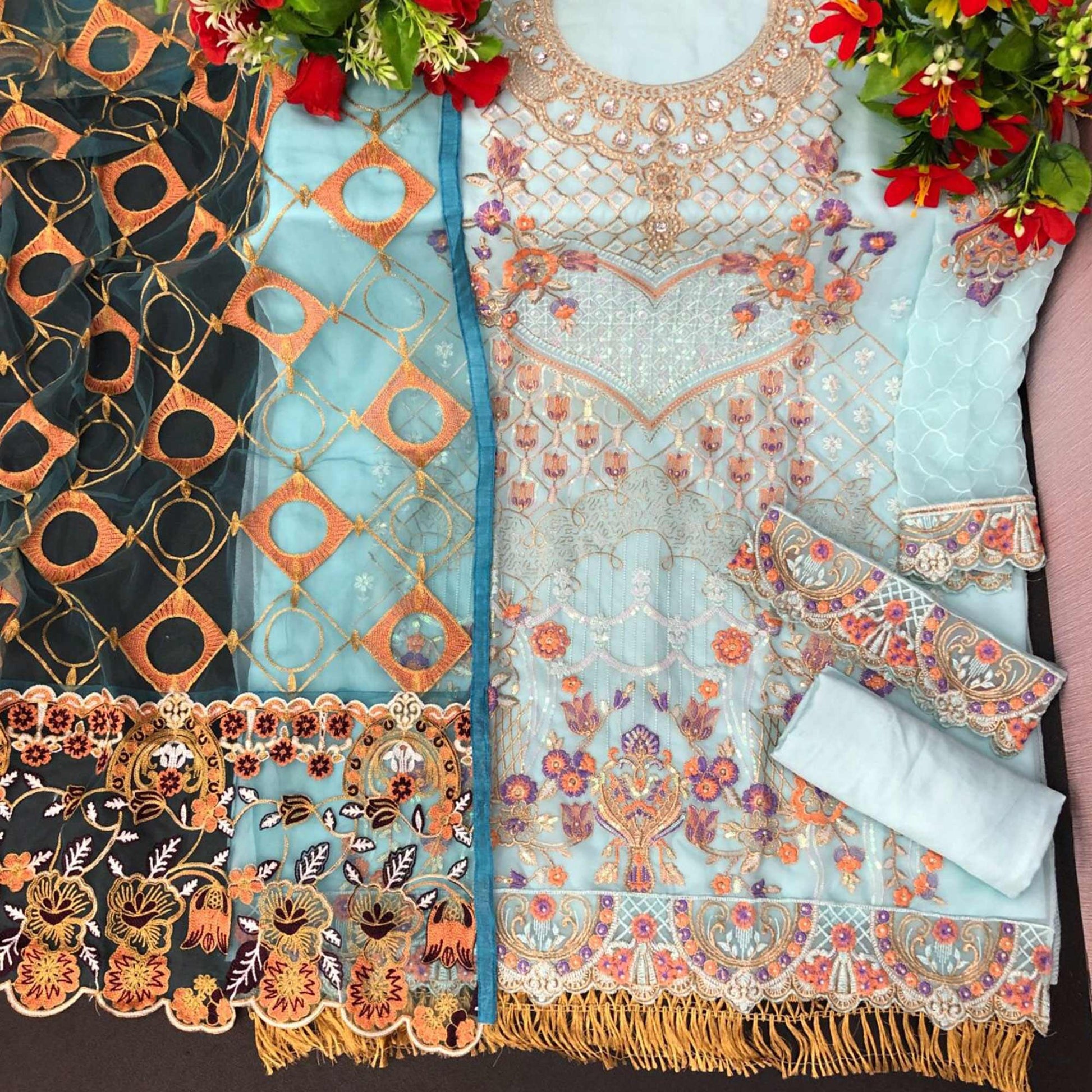 Light Blue Embroidered With Embellished Georgette Pakistani Suit