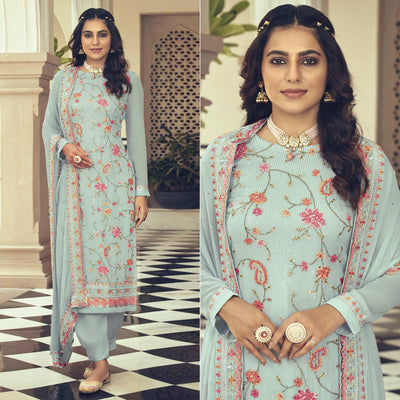 Light Blue Embroidered With Embellished Georgette Salwar Suit